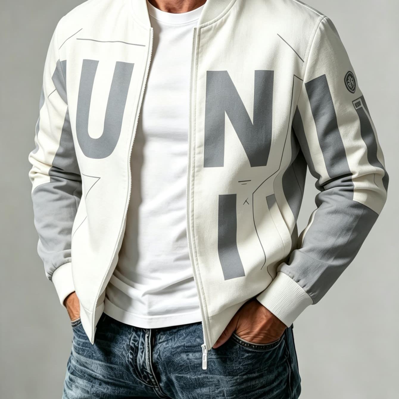 Image of 2d Flat Print Men's Fashion Jackets, Men's Casual Coats Long Sleeve Outerwear Contrast Color Letter Print Baseball Collar Style Loose Slim Fit Men's Autumn Clothing Suitable For Daily Campus