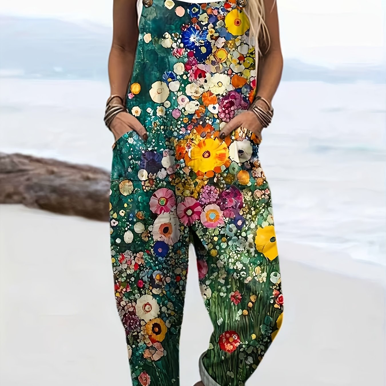 Fashionable And Versatile Home Suspender Jumpsuit - Floral 0472