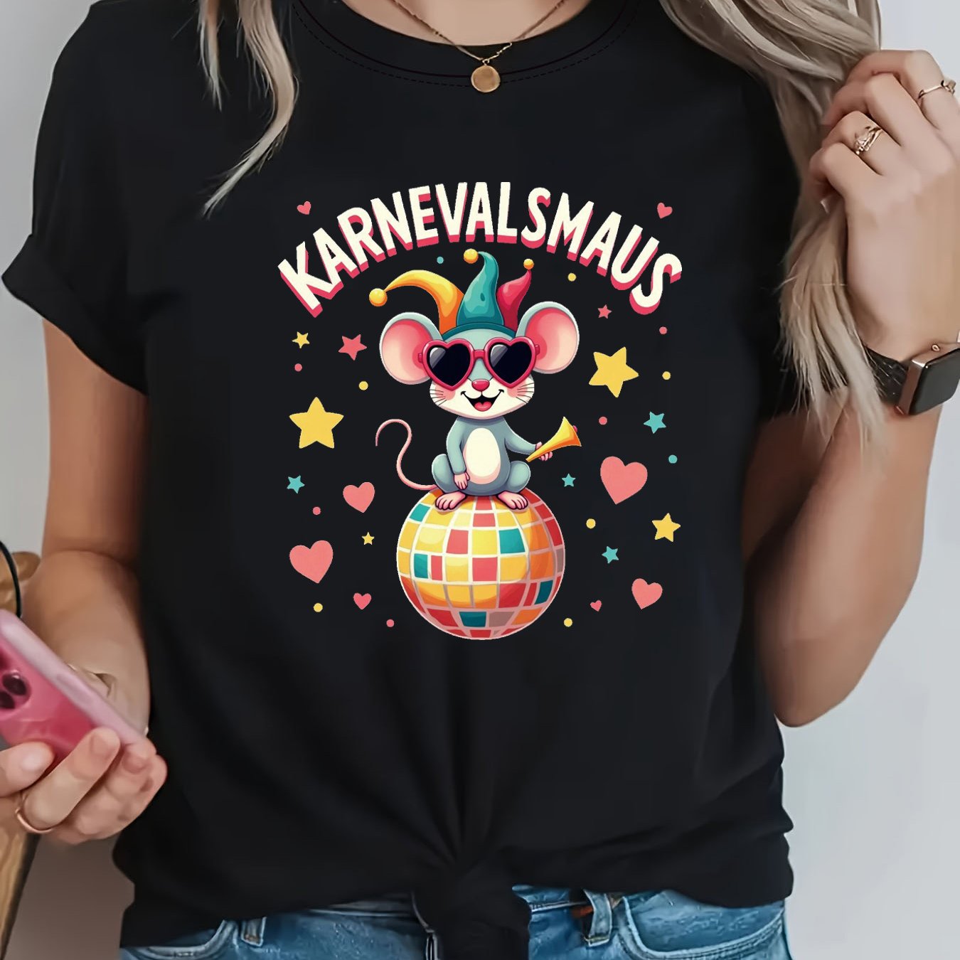 Image of Karnevalsmaus Graphic Print T-shirt, Short Sleeve Crew Neck Casual Top For Summer & Spring, Women's Clothing