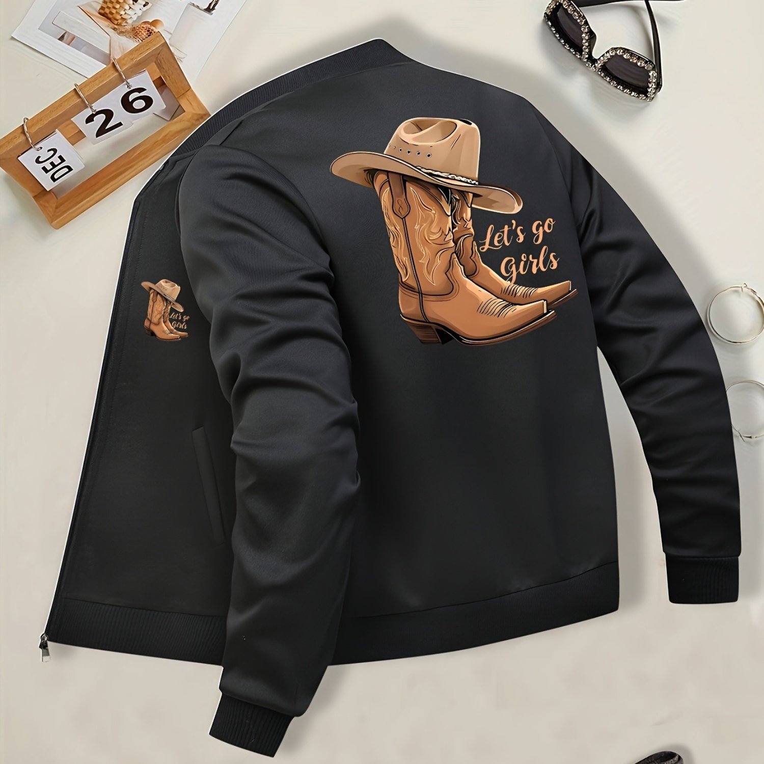 TEMU Veste Imprimée Western Cowboy Décontractée pour Femmes - Manteau Zippé à Manches Longues avec Poches, Fabriquée en Élastique, Lavable en Machine