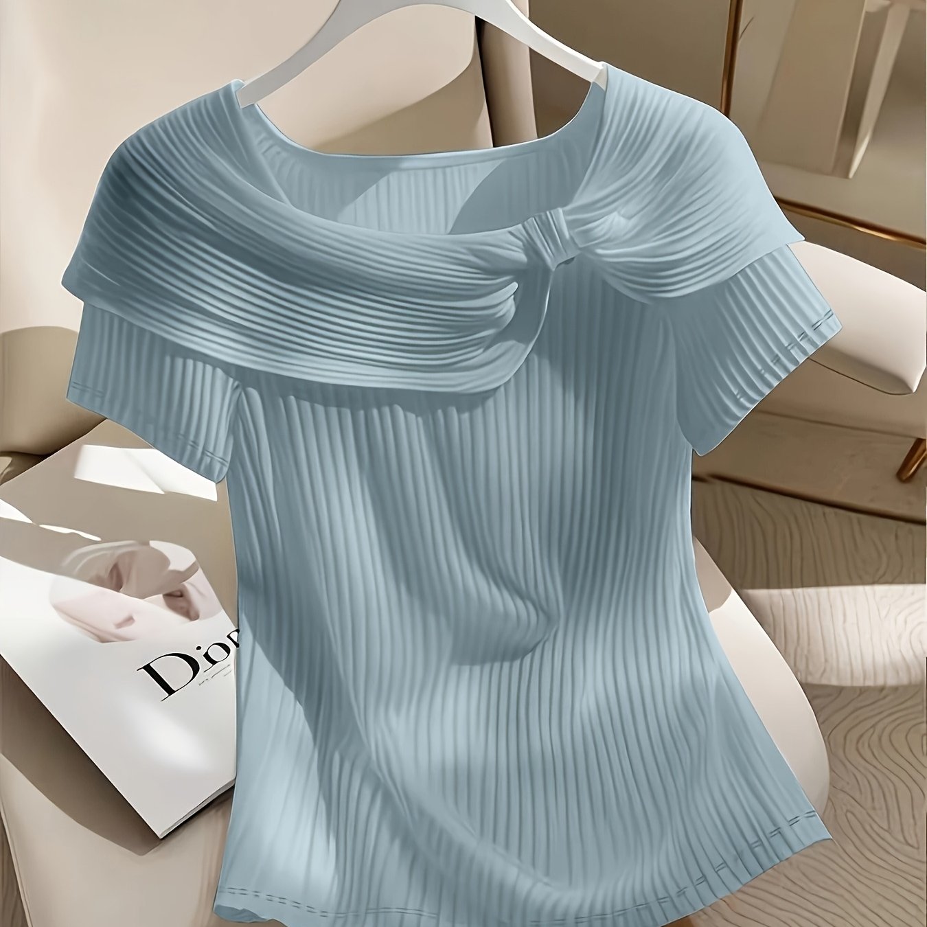 TEMU Women's Elegant Petal Lapel Short Sleeve T-shirt With Ruffle Slim Fit Cut Fashionable Shirt Top