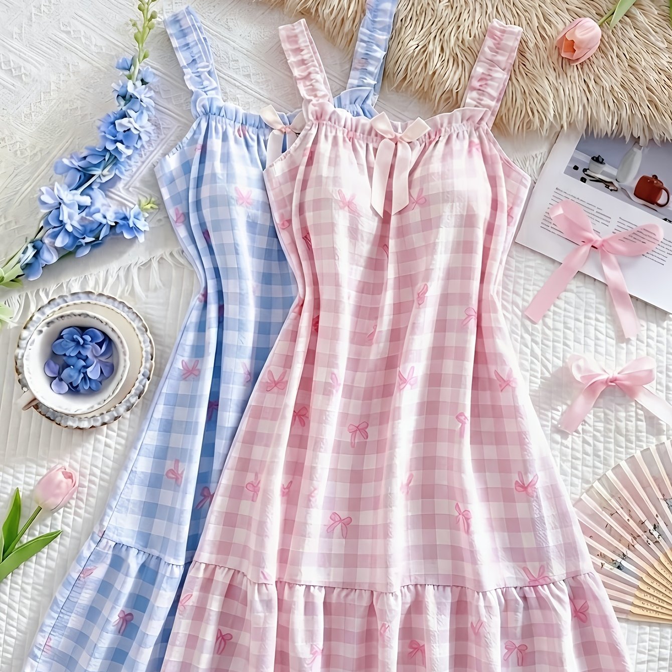 TEMU 2pcs Set Women's Pink And Blue Floral Print Bow Sleeveless Pajamas - Lightweight Ruffle Trim With Thin Straps And Hem, Breathable Summer