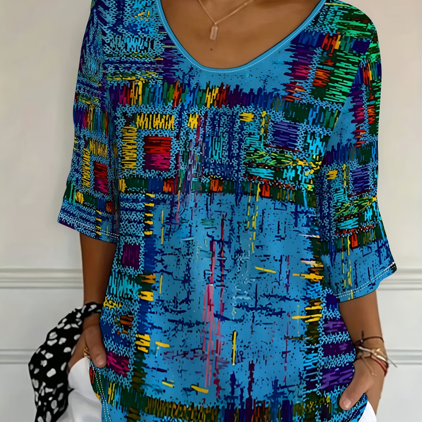 TEMU Plus Size, [printed Design - Not Textured] Plus-size Women's Colorful Abstract Pattern Top, Available In Multiple Sizes, With A Dynamic And