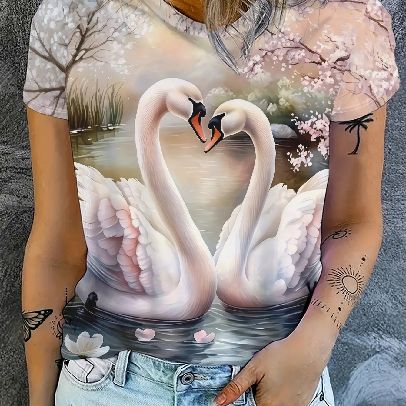 TEMU Short Sleeve Top, Printed With Heart Swan, Cherry Tree And Lake, Romantic And Fresh Scene