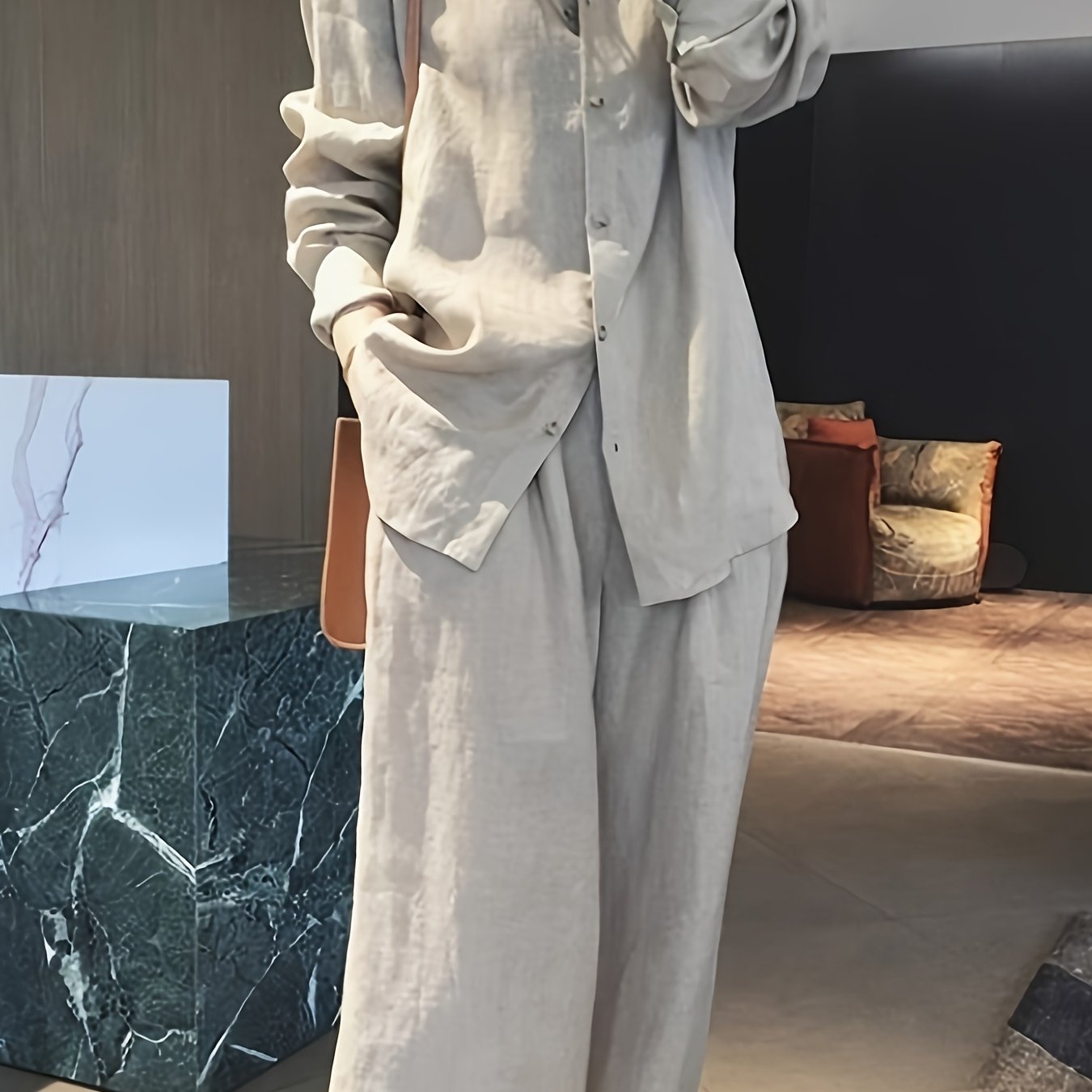 TEMU 【商品名】春・秋 韓国風 ファッション ニッチ カジュアル リネン リーブ ワイドレッグパンツ 上下セット