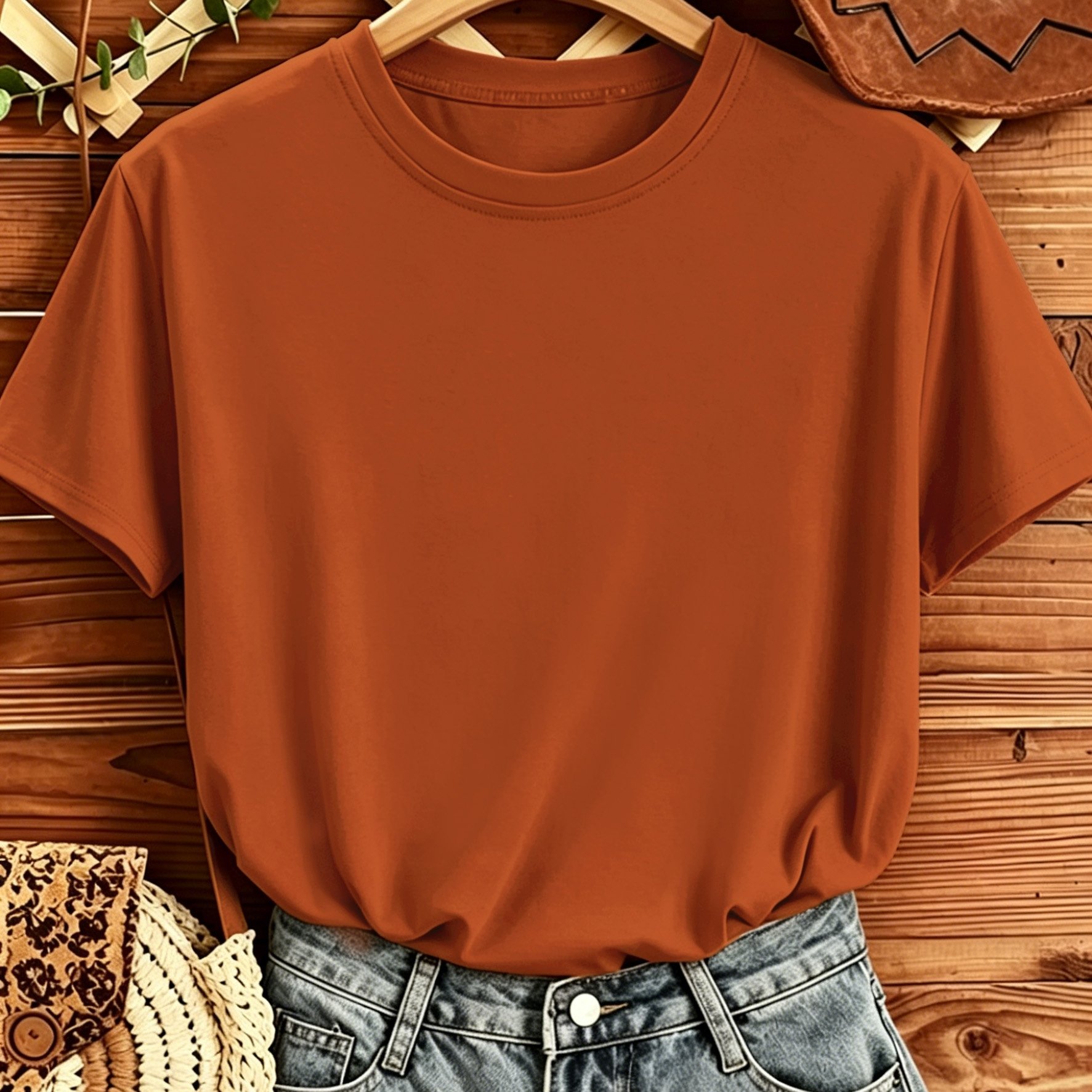 TEMU T-shirt rouge brique uni, haut polyvalent et flatteur, T-shirt décontracté à col ras du cou pour femme, mode printemps et été