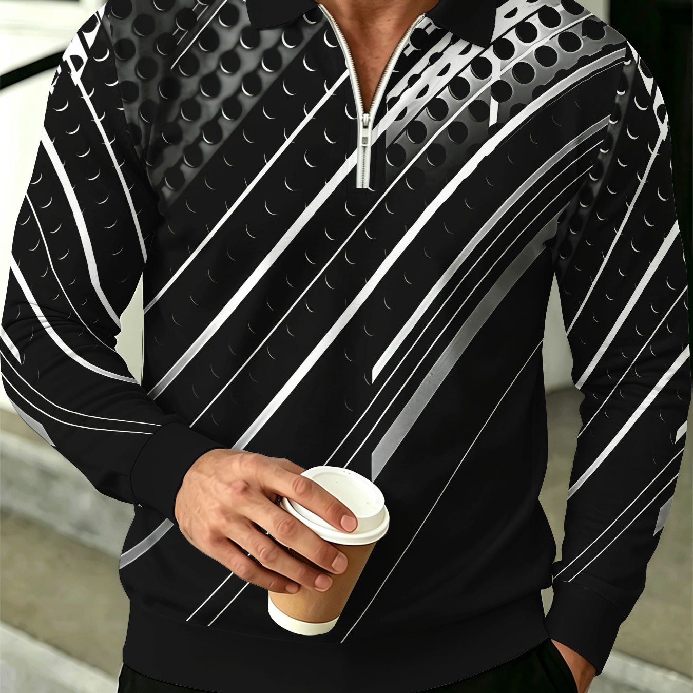 TEMU Color-block Men's Long Sleeve Shirt, Half-zip Collar Casual Top With Black Background And Diagonal White-gray Lines And Polka Dots Geometric