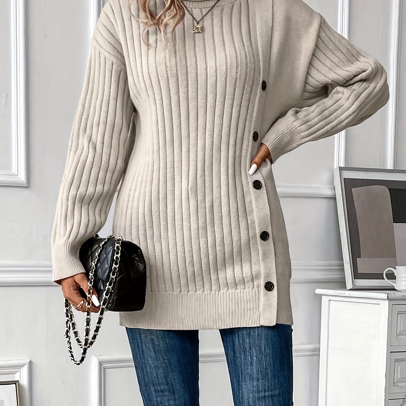 Image of Loose Elegant High-neck Sweater, Long Sleeve Vertical Ribbed Texture With Asymmetric Button Detail, Versatile Fashion Piece For Office, Casual, And Gatherings In Autumn/winter
