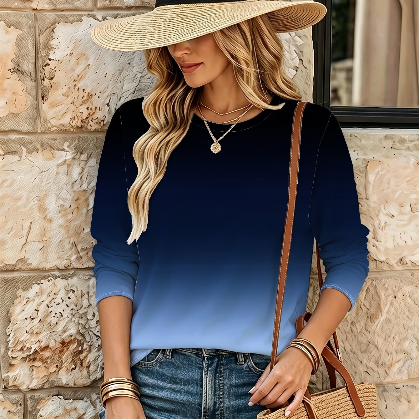 TEMU Haut d'intérieur pour femmes, motif dégradé ombre, décontracté, col rond, coupe ample, manches longues - Vêtement de tous /Intérieur - Taille