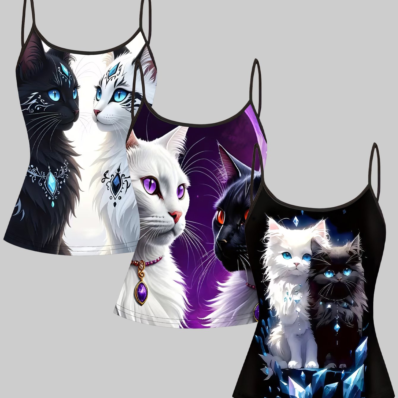 TEMU Plus Size - Plus Size - Plus Size 3pcs Set Featuring A Whimsical Gem Cat Print, A Sweet And Tank Top Outfit, Trendy Plus Size Women's Top