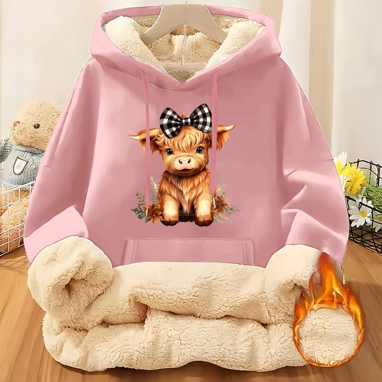 TEMU New Autumn And Winter Highland Cow Pattern Printed Women's Thickened Fleece Pocket Hoodie, Suitable For Commuting And Daily Wear , Autumn, And
