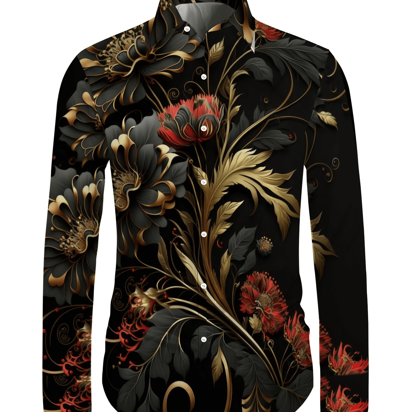 TEMU Men's Spring/autumn Fashion Casual Red Floral Pattern Long Sleeve Shirt