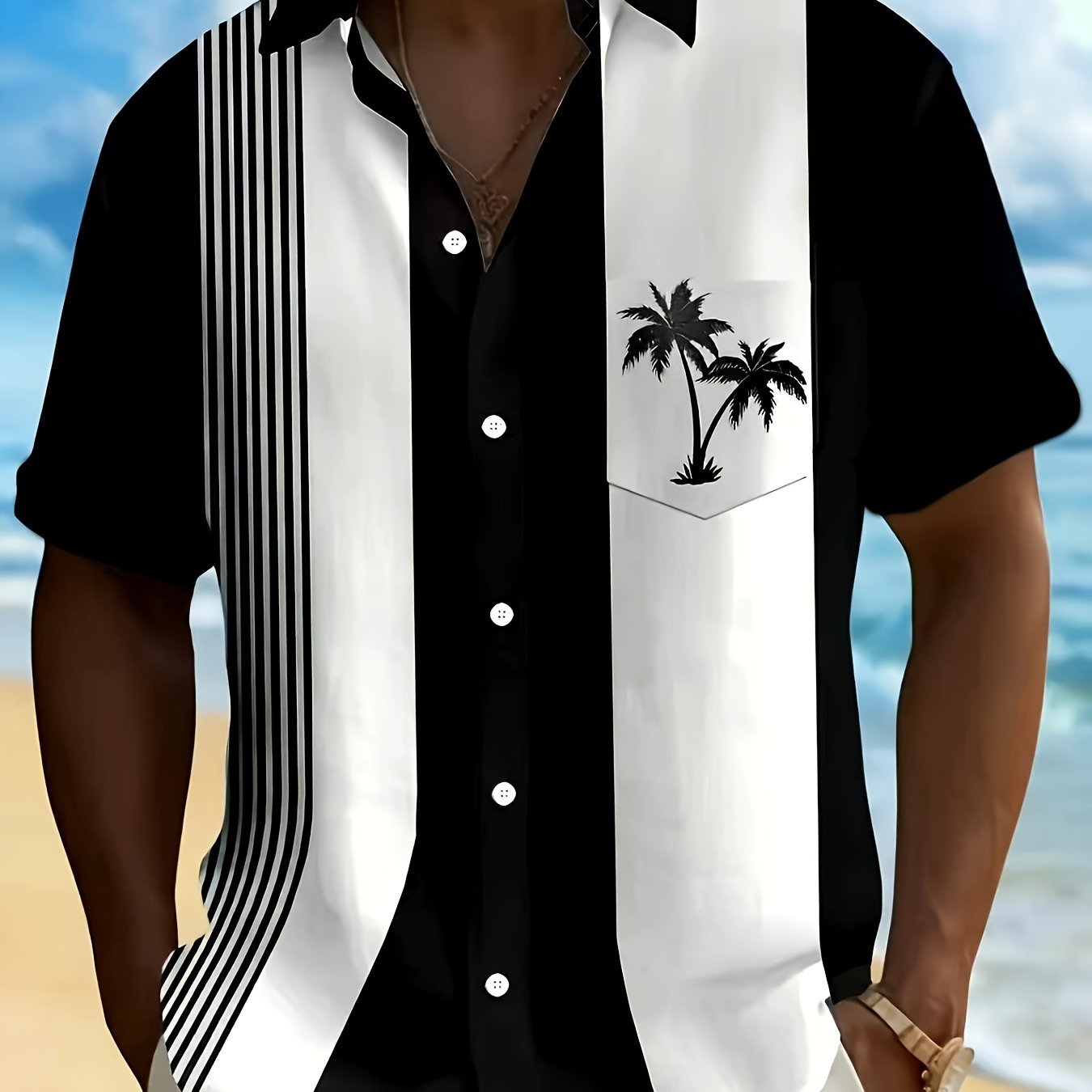 TEMU Men' Hawaiian Shirt - Red And White Striped Palm Tree Pattern, Breathable Short Sleeves With Chest Pocket, Suitable For Summer Beach Vacations