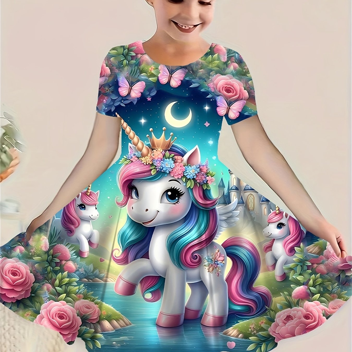 New 3d Unicorn Pattern Short-sleeve Dress Princess Dress Spring And Summer Girls' Casual Cartoon Print Top Set