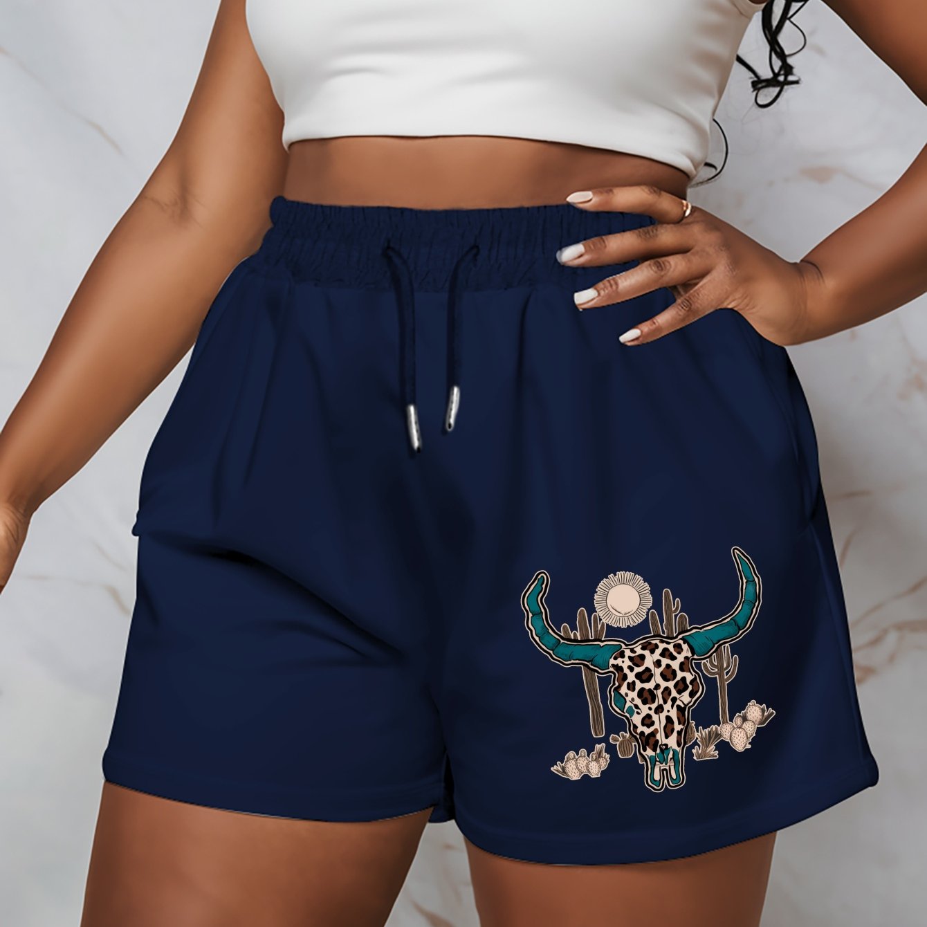TEMU Plus Size - Plus Size - New 2025 Plus Size Women's Summer Shorts With Bull Skull Western Design - Casual And Versatile Medium Pants, Trendy