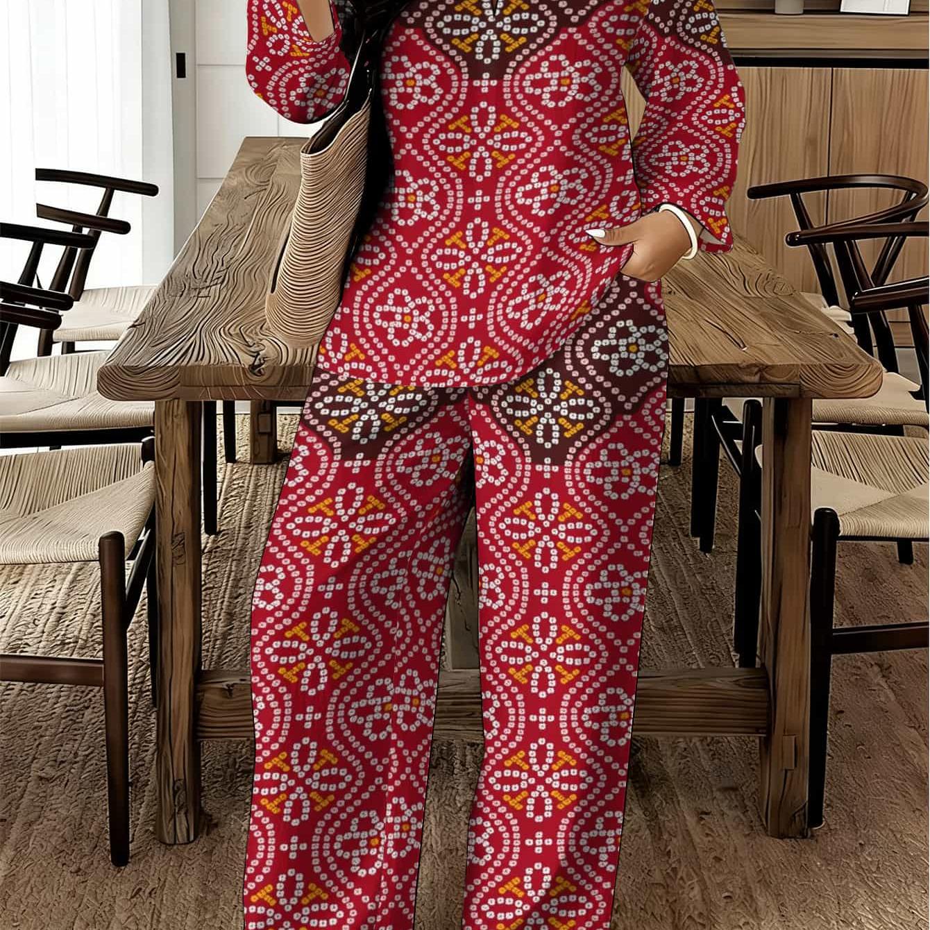 TEMU [printed Design - Not Textured] Red Ethnic Style Polka Dot Printed 2pcs Set, Casual Suit, Loose Fit For Daily Wear, Suitable For Multiple