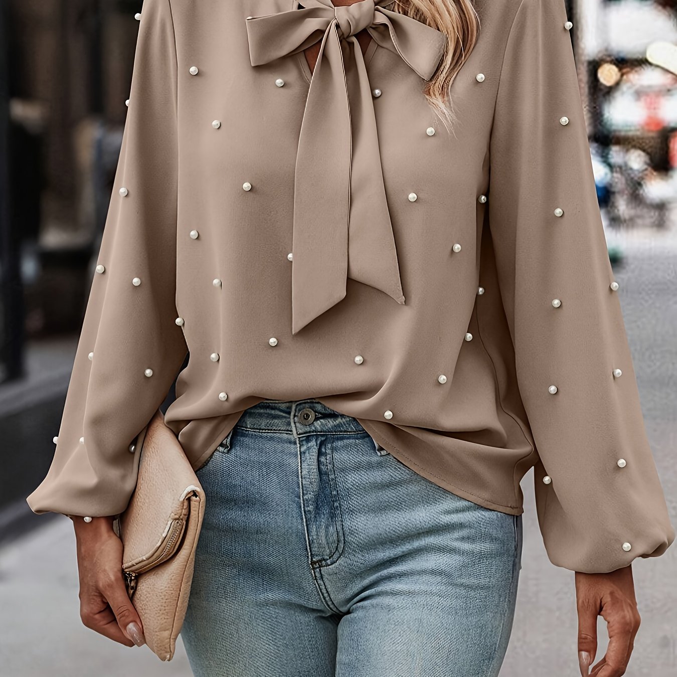 E-shop Damen Frühjahr/Herbst Langarm-Shirt mit Laternenärmeln, Elegante Bluse mit Perlenverzierung, Langarm-Oberteil