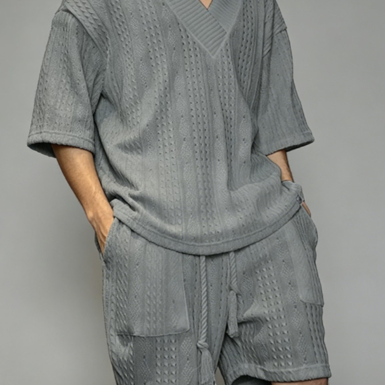 Image of Men's Casual V-neck Half Sleeved Ted Top And Shorts Set, Gray Loose Casual Wear, Daily Wear In Summer, Plus Size