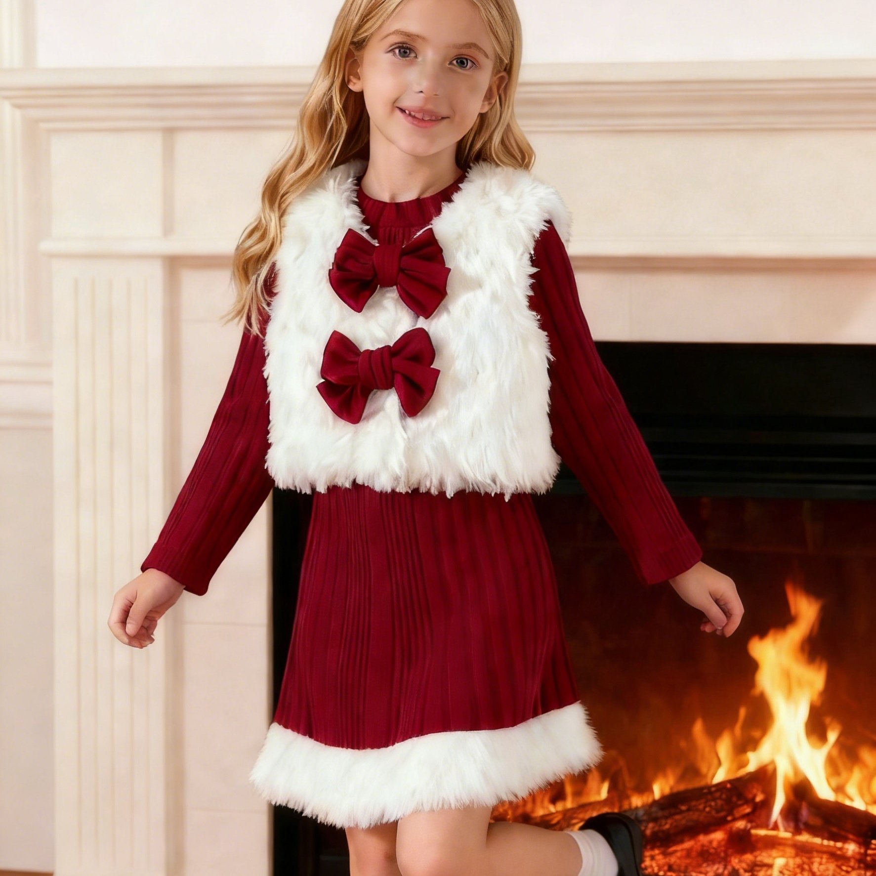 E-shop Mädchen 2-teiliges Herbst/Winter Mode-Freizeit-Set: Ärmelloses Westen-Top mit Schleifen-Verzierung Futter + Weiches bequemes geripptes