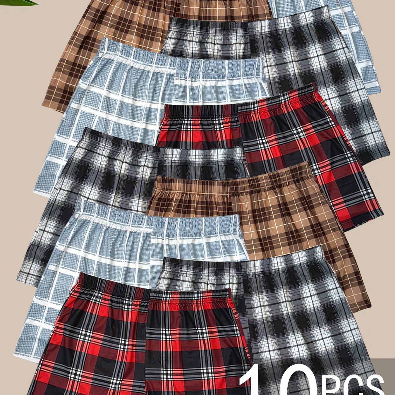 E-shop 10 Stück Zufällige Karo-Herrenshorts, Klassischer Modestil, Weich, Atmungsaktiv Glatt, Ideal für Zuhause, Freizeit oder Outdoor-Sport