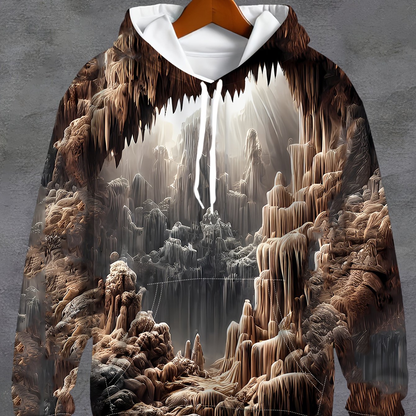 TEMU Men's Plus Size Zip-up Hooded Jacket With Cave Print & Zippered Pockets - Warm Winter Coat Suitable For Outdoor, Casual Wear, Machine Washable