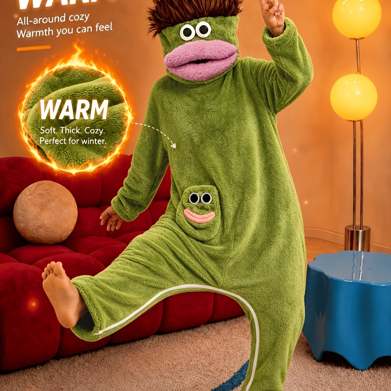 TEMU Funny Cartoon Monster Onesie For Couples, 1pc Pajamas For Women Men Plus Size, Cozy Thick Warm Hooded Loungewear, Halloween Christmas Costume