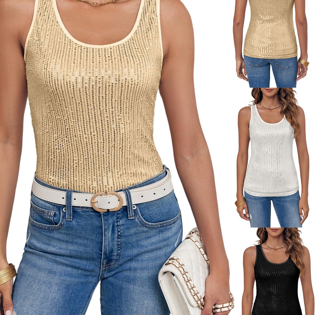 Image of Sleeveless Sequin Tank Tops For Women With A Scoop Neck, Perfect For A Sparkly And Sexy