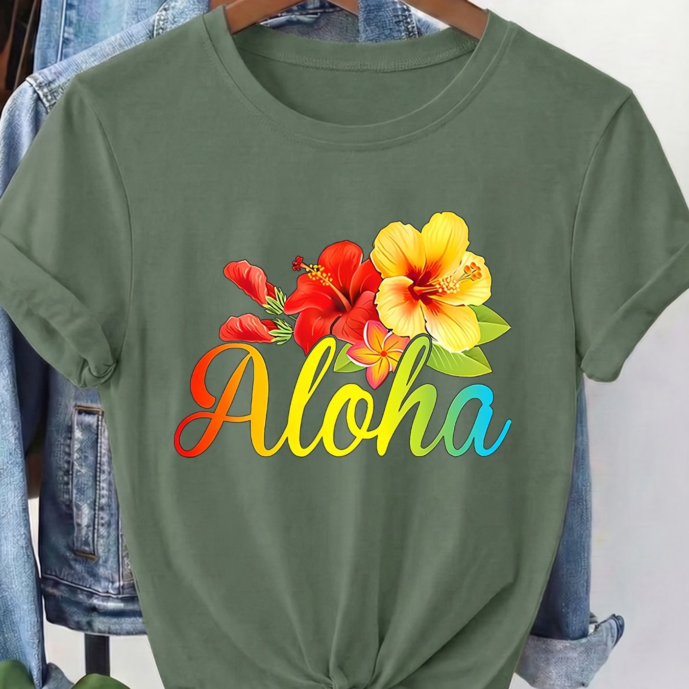 TEMU Women's Opaque Round Neck Short Sleeve T-shirt With Aloha Lettering & Tropical Floral Print - Breathable Machine-washable Fabric Suitable For ,