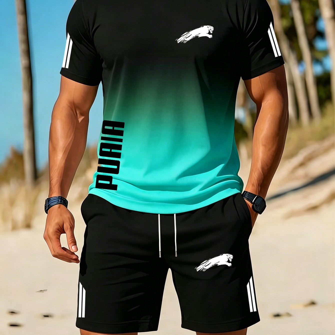 TEMU 2026 Summer 's Casual Sportswear Set, Gradient Color Block T-shirt   Elastic Drawstring Shorts, Street Sport Streetwear Brand Style Letter And