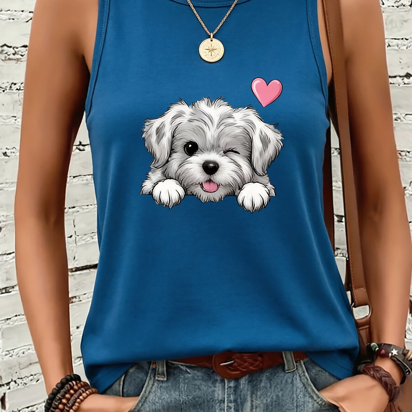 TEMU Women's Tank Top, Women's Casual Athletic Wear, , Puppy Heart Print Round Neck Tank Top, Spring Summer Fashion Style, Women's Sleeveless Top