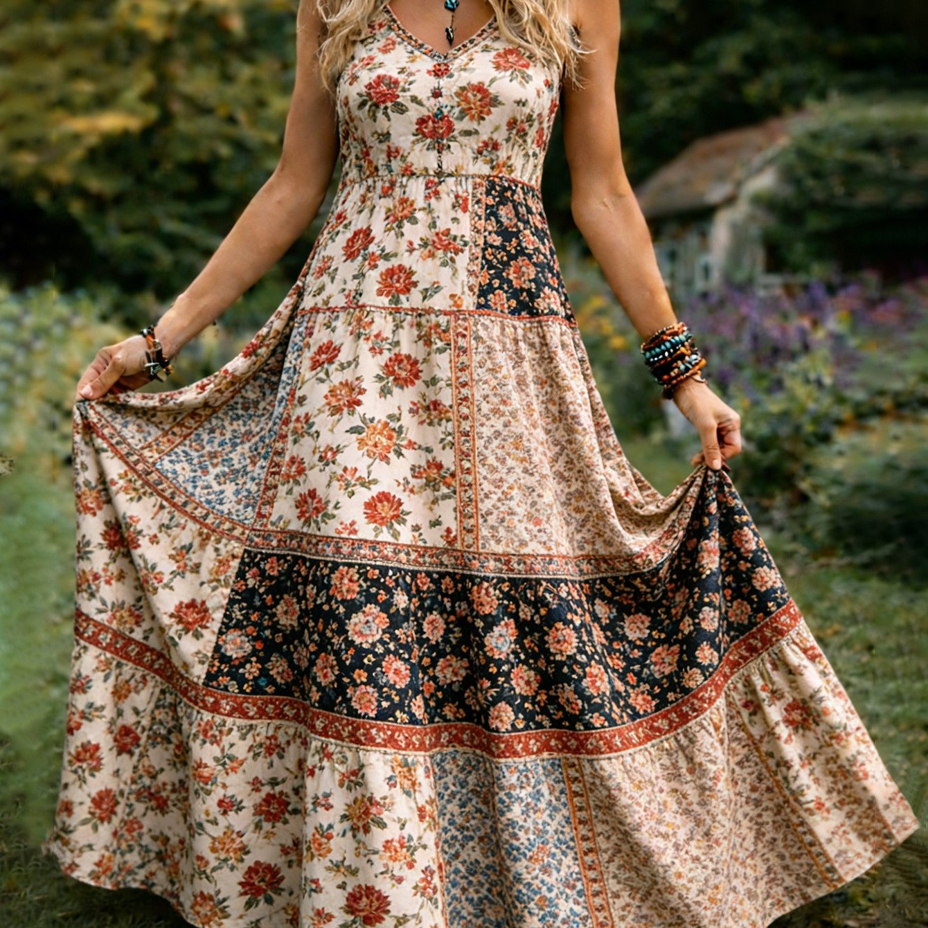 Image of Women's Vintage Style Sleeveless Dress With Floral Print, V-neck A-line Maxi Skirt, , Perfect For Daily Wear And Holidays
