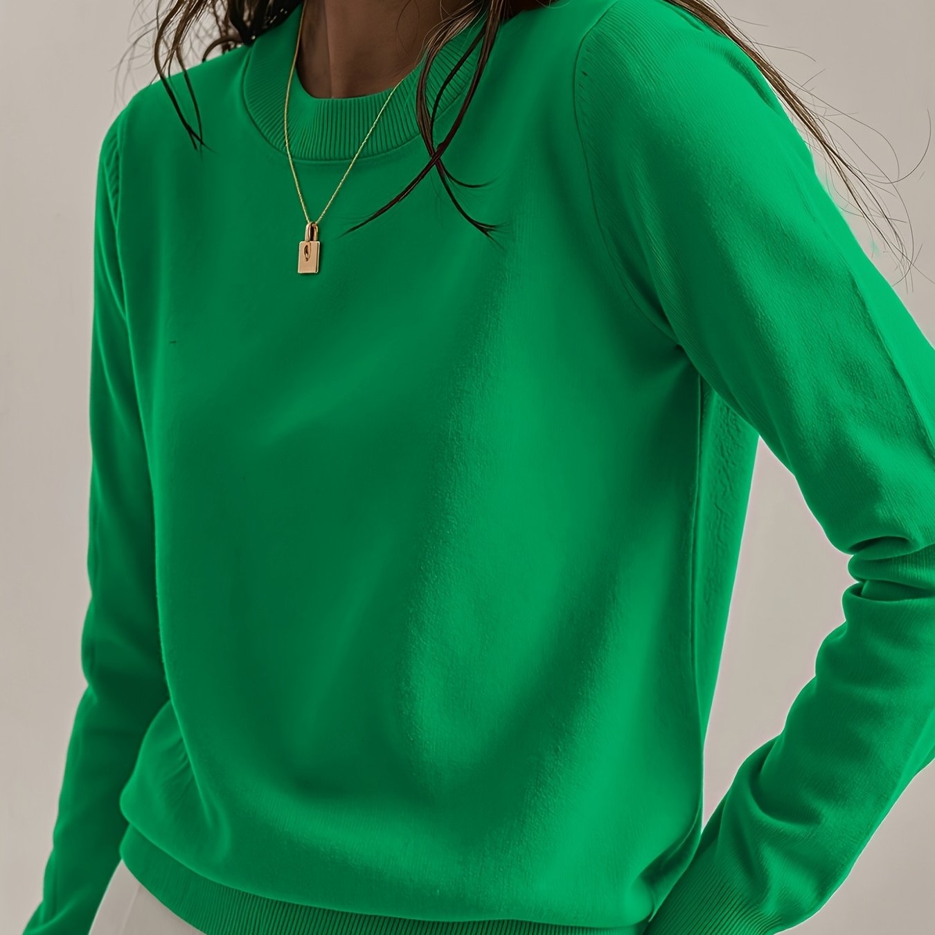 TEMU Women's 70% Rayon Round Neck Sweater, Solid Green Long Sleeve Loose Casual Top, Rayon Blend Top, Women' Round Neck Base Layer, Solid Color Long