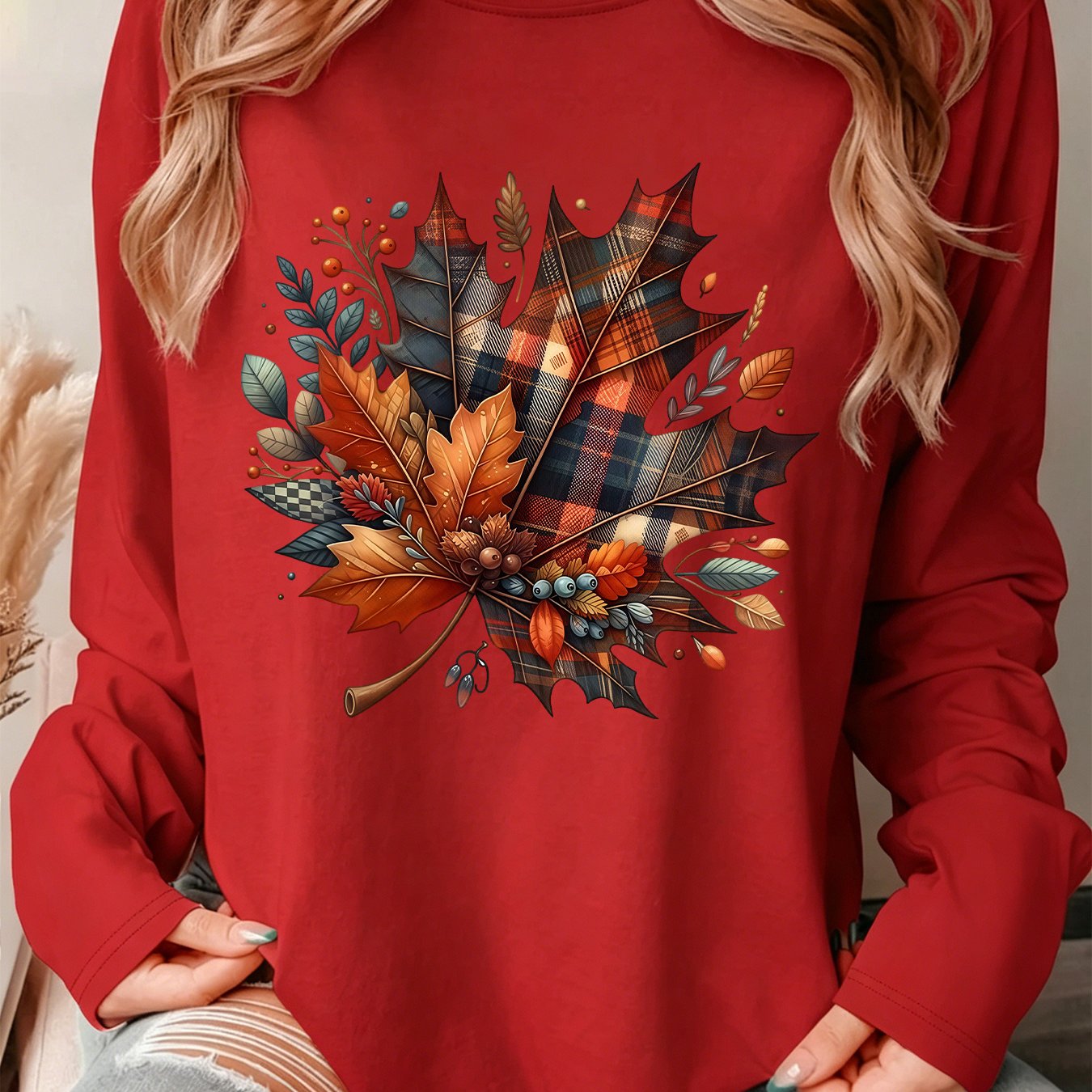 TEMU [2026 Women's Refresh] Plus Size Women's Autumn Winter Clothing, Maple Berry Watercolor Print Round Neck Long Sleeve T-shirt, Inner And Outer