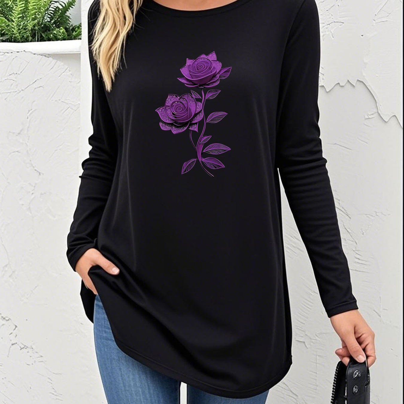 TEMU Purple Artistic Rose Print Black Long Sleeve T-shirt, Creative Floral Element, Loose Long Length Fit, Casual Wear With Artistic
