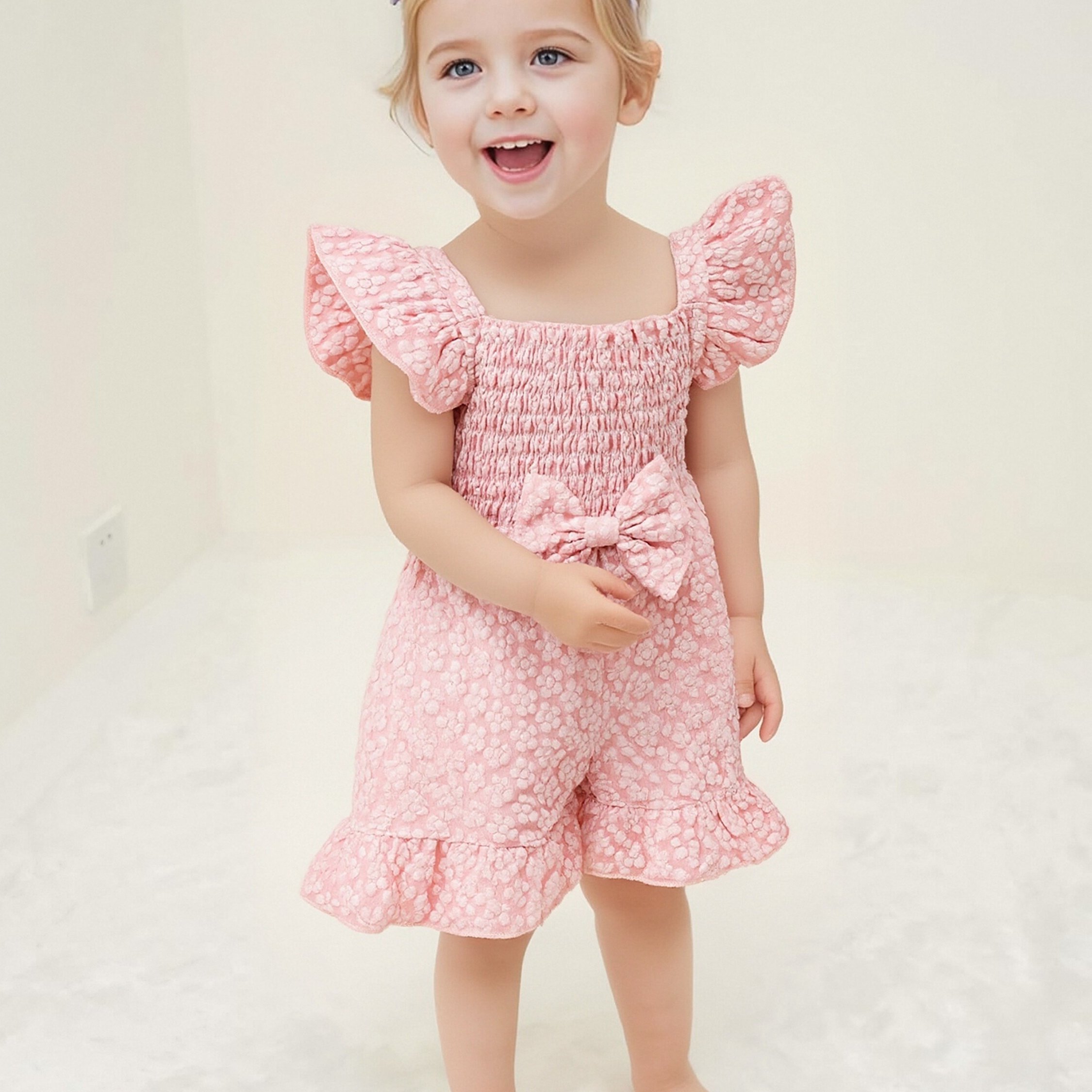 0-3 Years Old Single Piece Summer Floral Flutter Sleeve Bow Ruffle Romper, For Outdoor