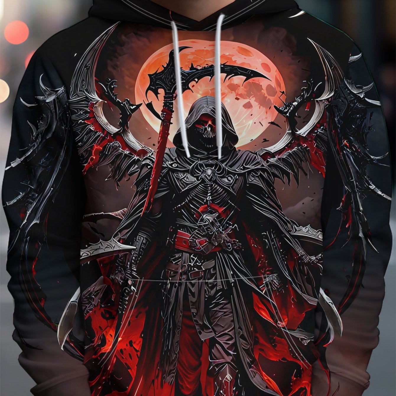 TEMU Dark Style Reaper Print Men's Hooded Sweatshirt, Trendy Casual Polyester Top, Streetwear Autumn/winter Style, Machine Washable, Everyday Casual