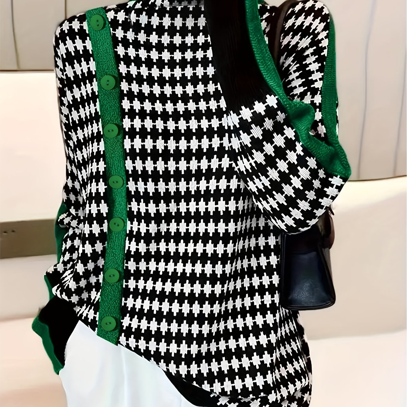 Image of New Autumn And Women's Sweater With Geometric Pattern Color-blocking, High Neck, Casual Long Sleeves, And A Loose Fit
