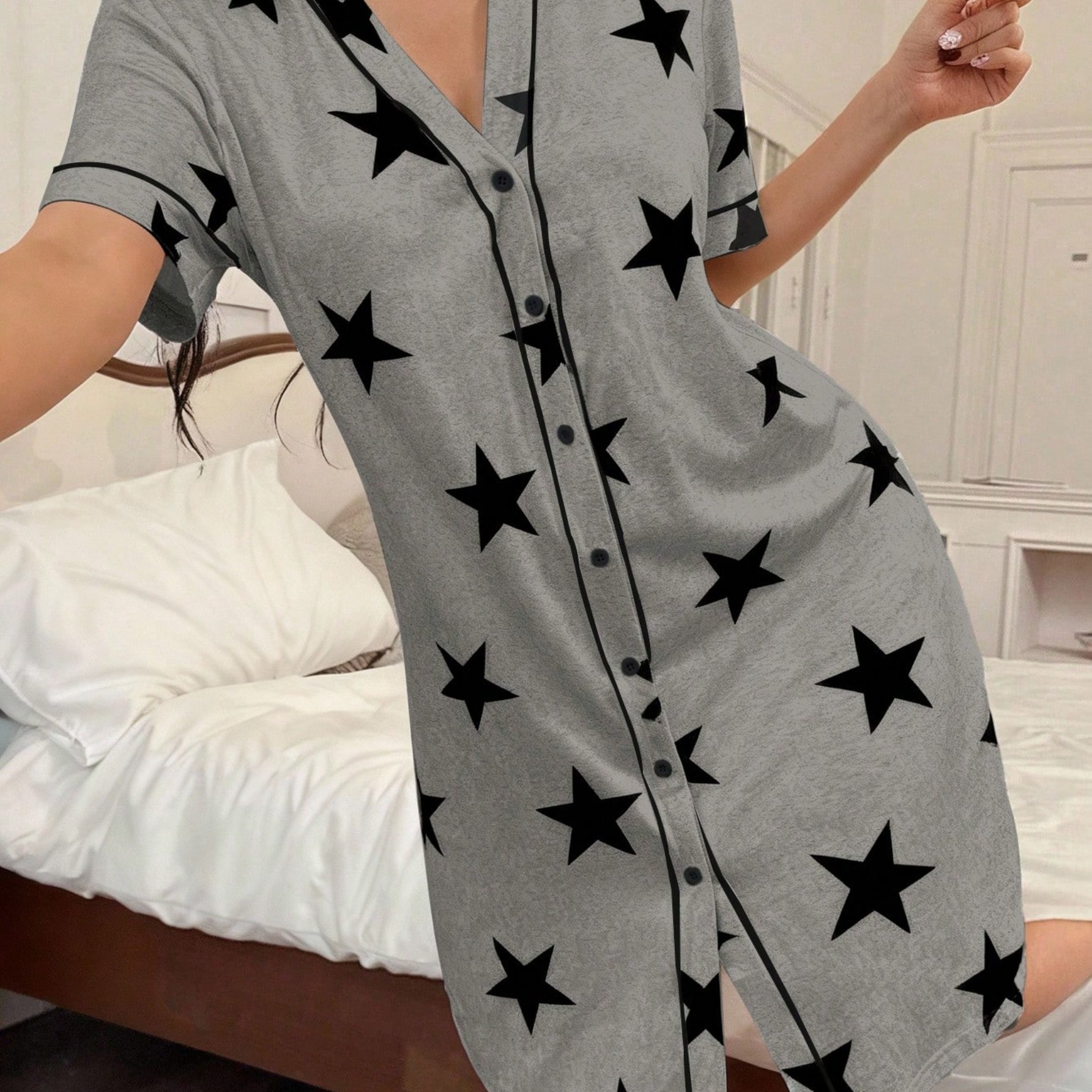 TEMU New Summer V-neck Pentagram Print Short-sleeve Dress, Women's Casual And Comfortable Nightgown