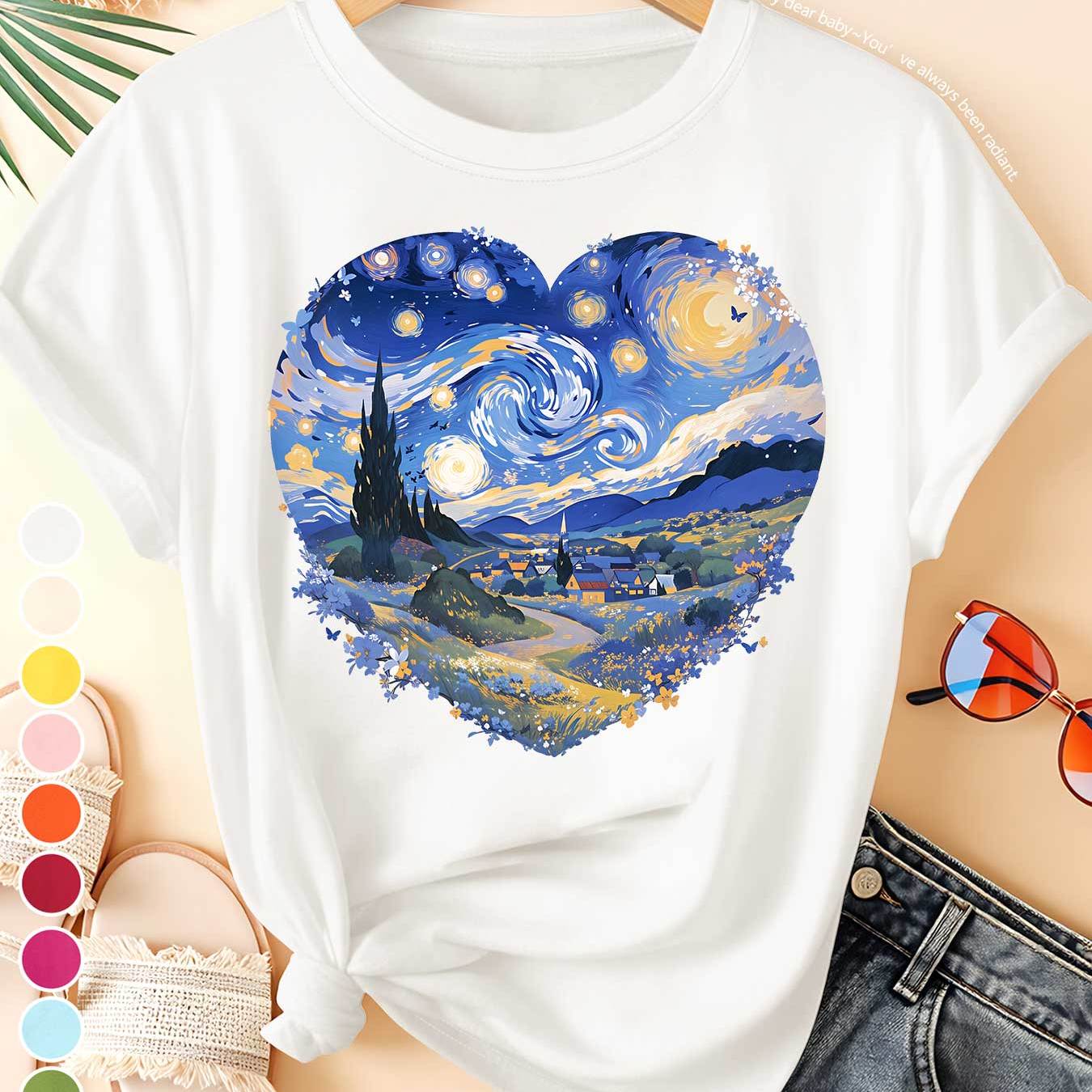 TEMU Summer New T-shirt -shaped Van Gogh Starry Night Landscape Print Spring Summer Autumn Elegant Retro Style Loose Fit Versatile Casual Athletic
