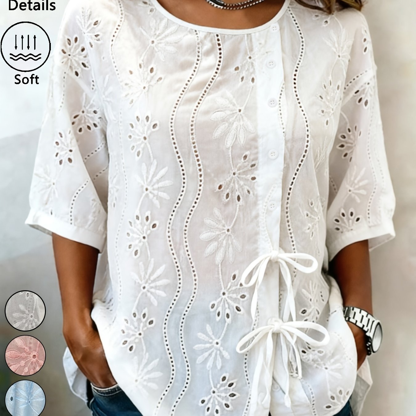 TEMU Plus Size - Women's Floral Embroidery Blouse, Eyelet Hollow Out Round Neck Tie Front Shirt, 3/4 Sleeve Loose Fit Casual Top, Soft Lightweight