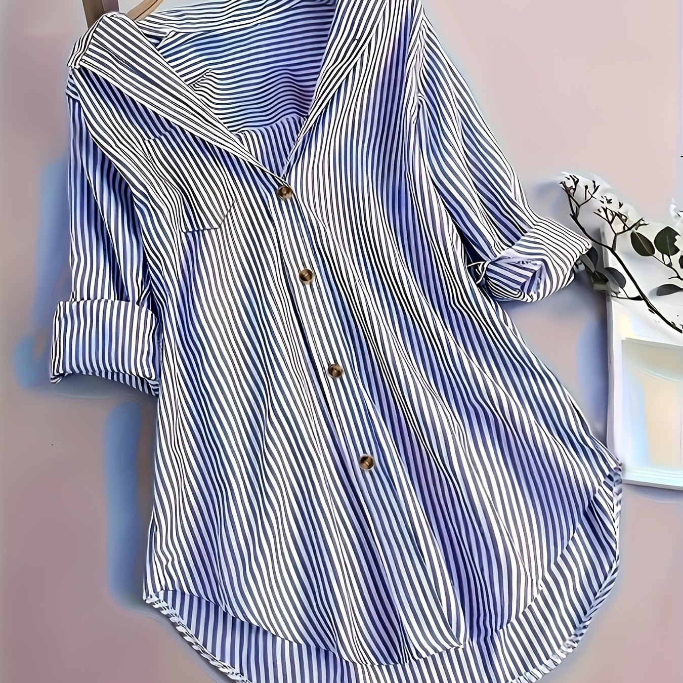 TEMU Ladies' Elegant Striped Shirt Fashion Long Sleeve Turn- Collar Pocket Top