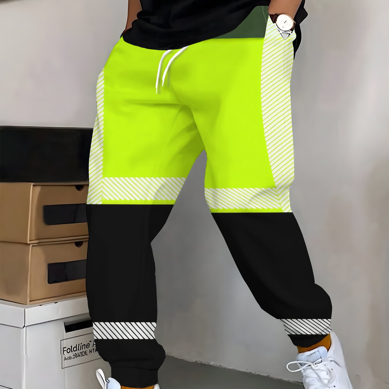 TEMU Pantalon de sport pour homme au design tendance avec imprimé, vert, jaune et noir, motif géométrique patchwork 3 couleurs, design facile avec