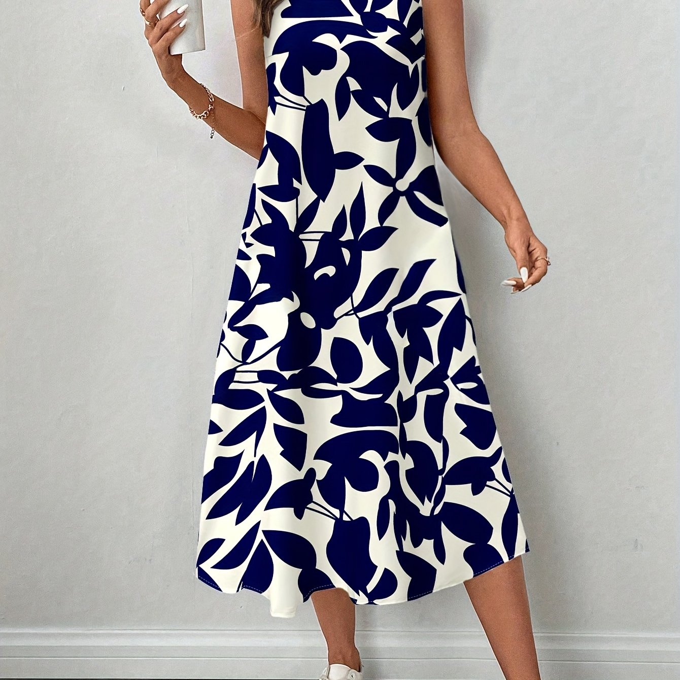 E-shop Damens Elegantes Blumenmuster Ärmelloses Kleid - Lässiger Sommerstil, Rundhalsausschnitt, Leichtes Polyester, für Freizeitkleidung,