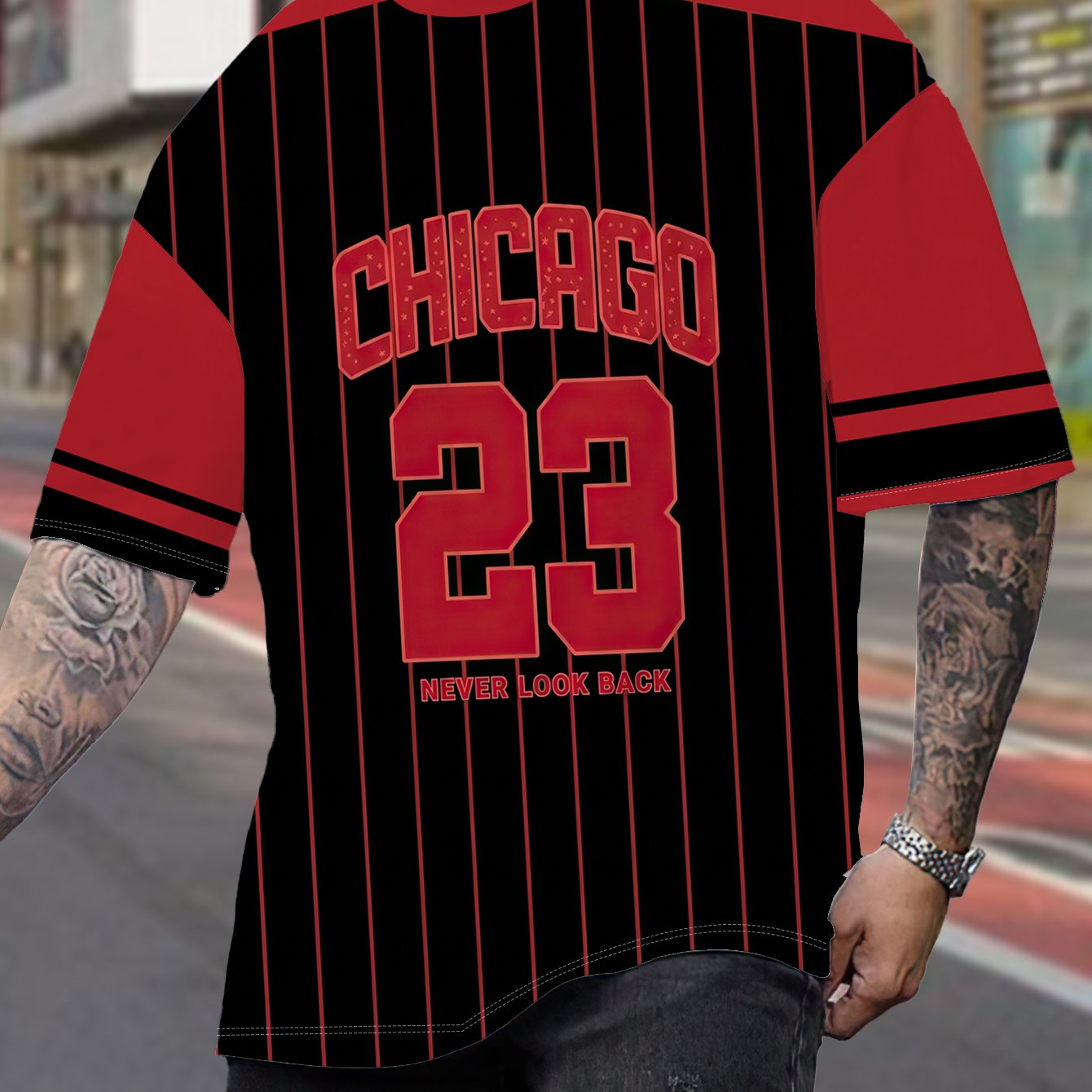 TEMU Men's Big Size Short Sleeve T-shirt Round Neck Loose Fit Chicago 23 Print Trendy Casual Top Summer Breathable Sports Clothing Plus Size 1xl-9xl
