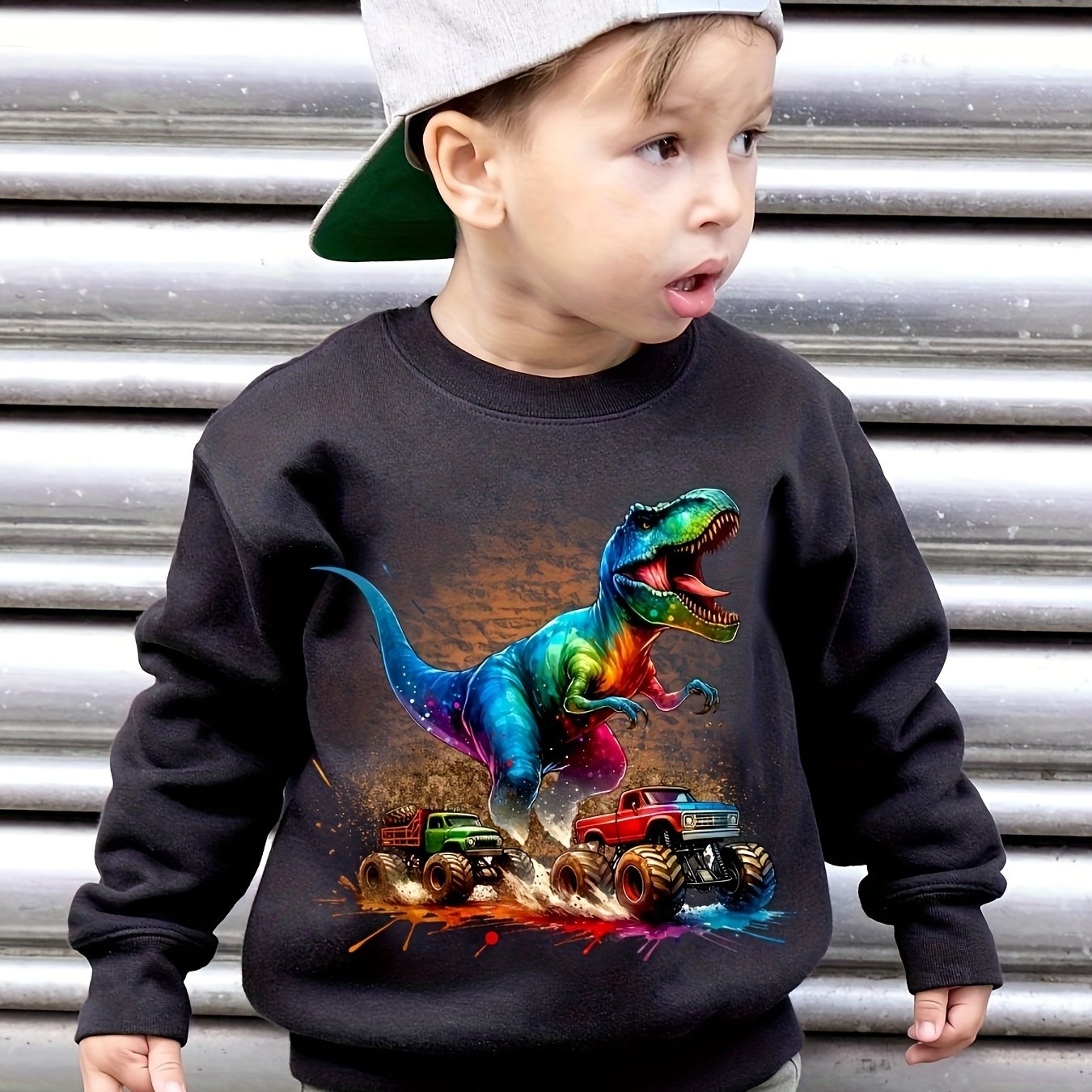 Boys' Autumn/ -lined Sweatshirt, Rex Series Print, Loose Fit Casual Long-sleeve Pullover Sweatshirt