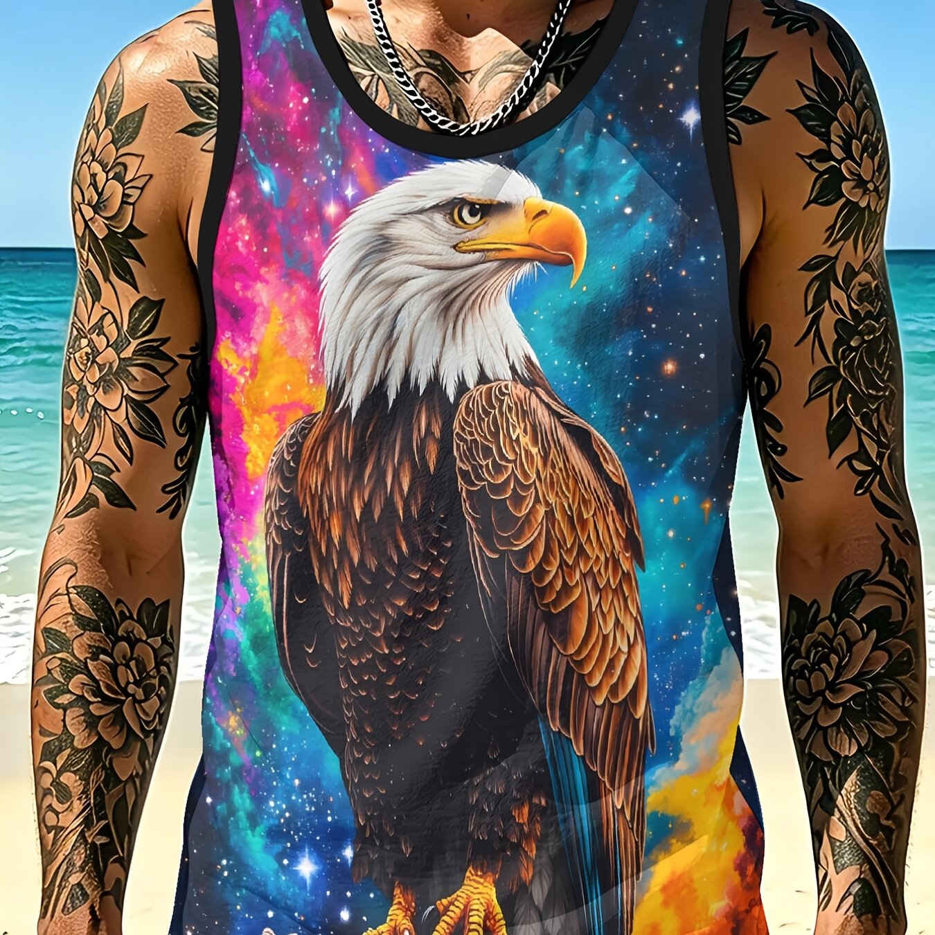TEMU 1pc Men's Breathable Mesh Vest Eagle Digital Printed, Breathable Sleeveless Top For Fitness And Running