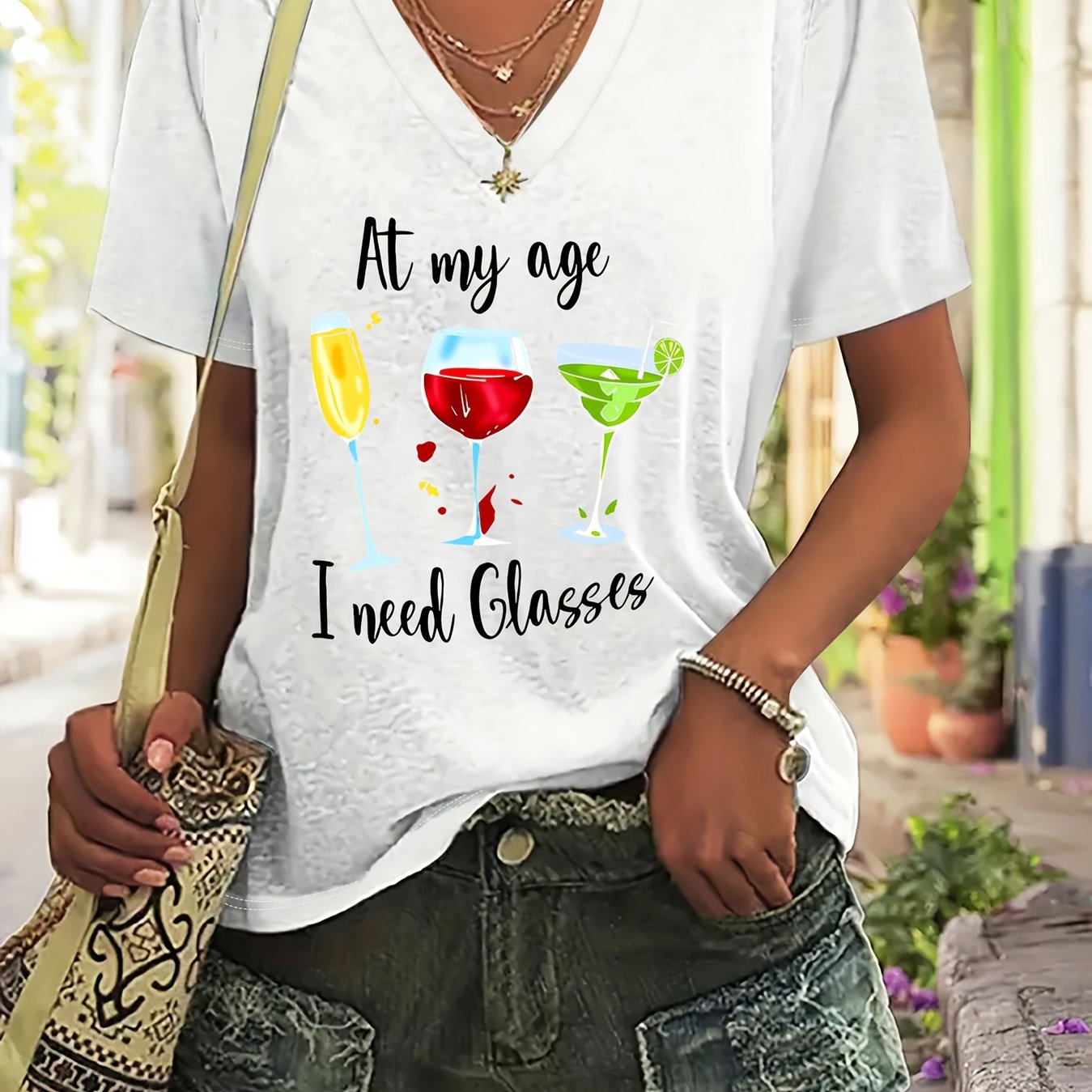TEMU Plus Size - Plus Size - Casual V Neck T-shirt With Letter Print For Plus Sizes, Short Sleeves, Ideal For Spring And Summer, Women's Plus Size