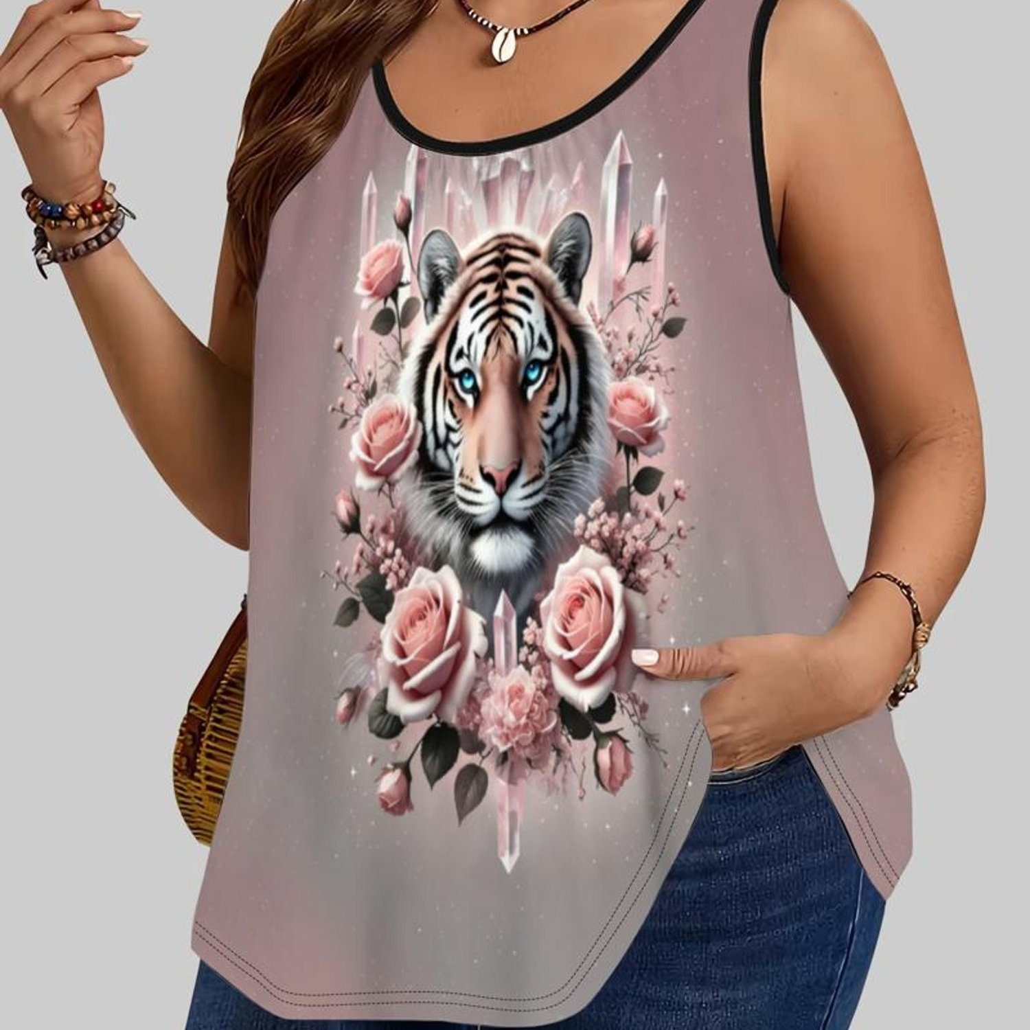 TEMU Plus Size, Plus Size Tiger & Rose Tank Top, Mixed Color, Multiple Specifications , Polyester Material, Whimsical Ethereal Design, Elegant