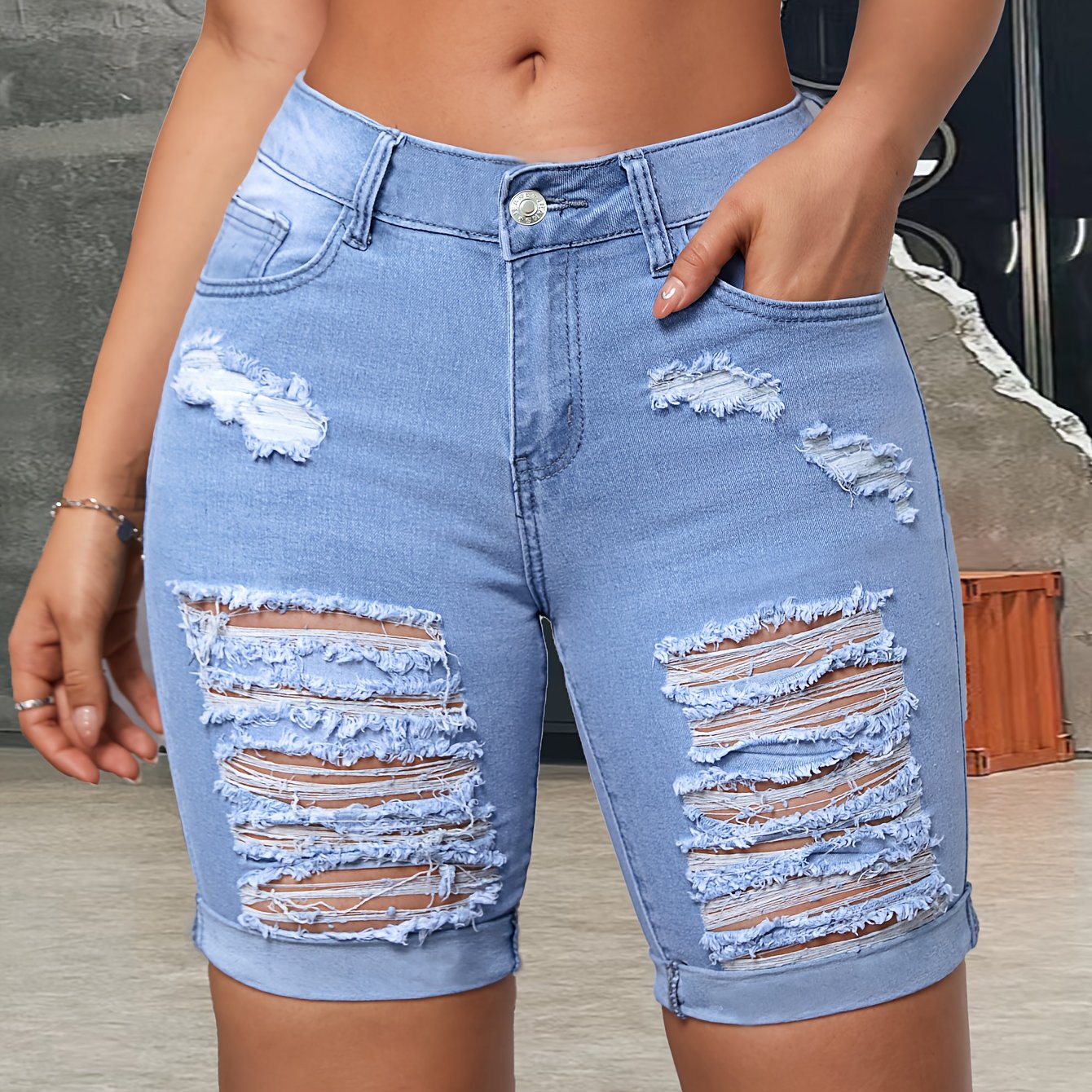 Blue Ripped Fashion Stretch Capri Pants Denim Shorts