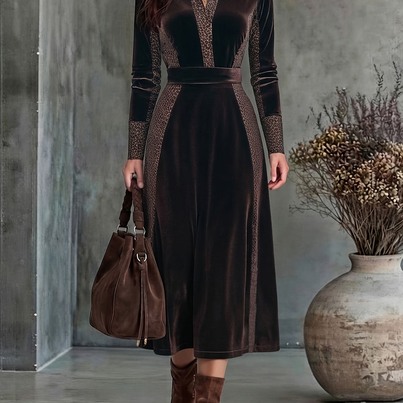 TEMU Retro Elegant Velvet Leopard Mid-length Shirt Dress For Women, Lapel Waist-cinching A-line Dress, Suitable For Daily, Office, And Banquet